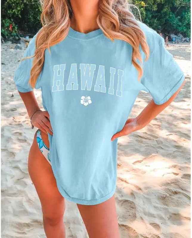 Hawaiian Shirts for Women Oversized Hawaii Graphic Tees for Teen Girls Preppy Aesthetic Shirts Beach T Shirts Tops