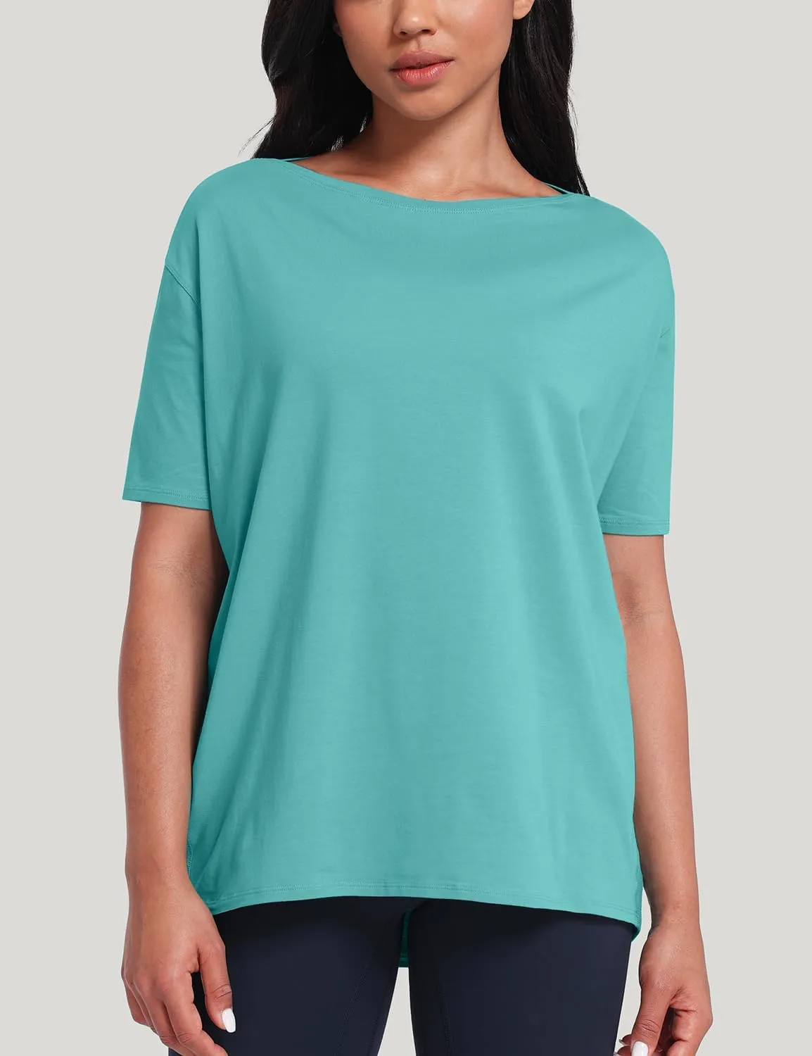HeyNuts Women's Pima Cotton Short Sleeve Workou Shirt Boat Neck Loose Fit T-Shirts Athletic Tops Casual Shirts