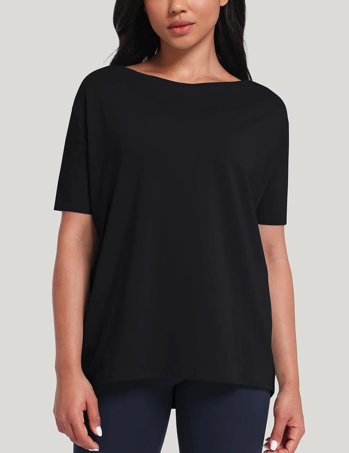 HeyNuts Women's Pima Cotton Short Sleeve Workou Shirt Boat Neck Loose Fit T-Shirts Athletic Tops Casual Shirts