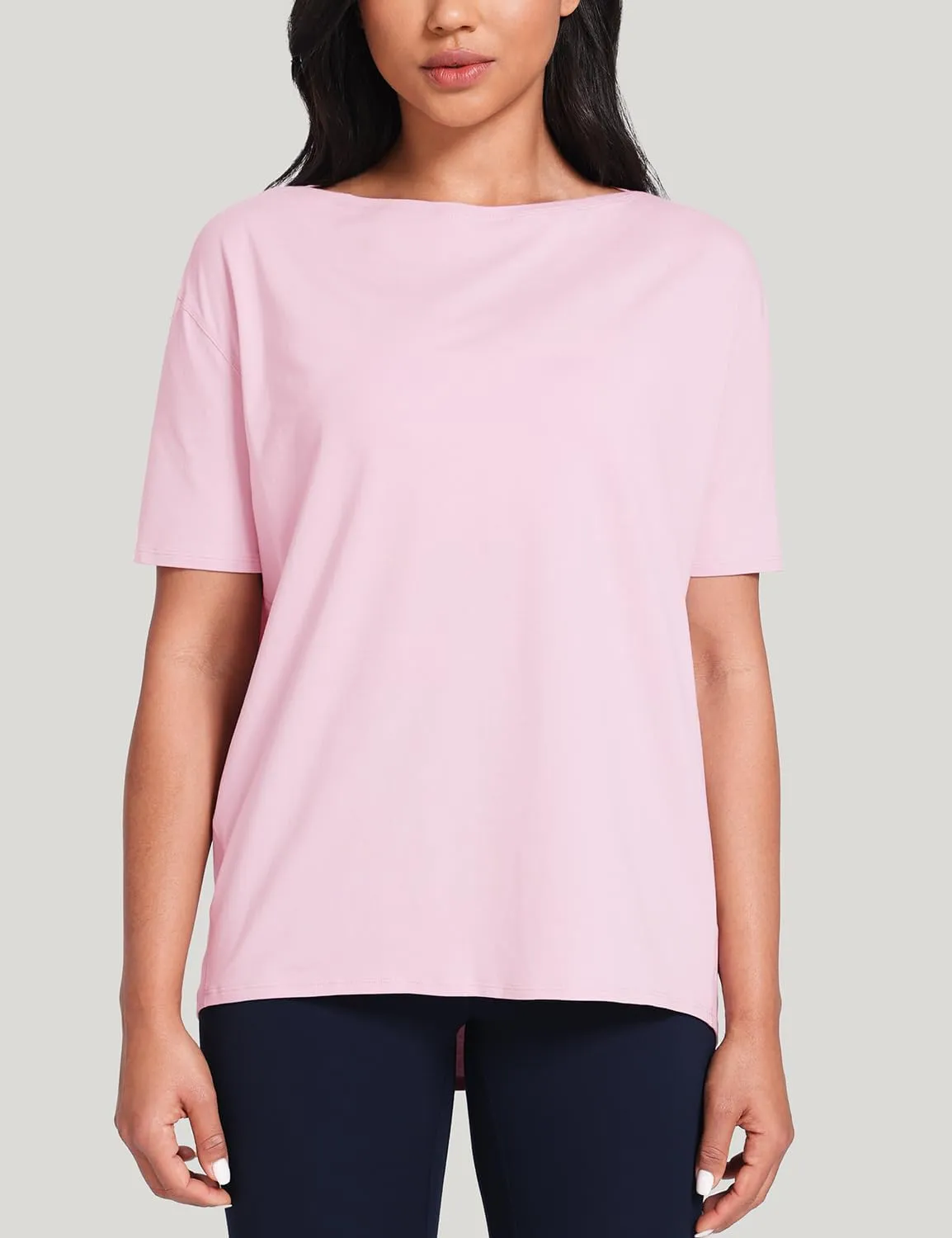HeyNuts Women's Pima Cotton Short Sleeve Workou Shirt Boat Neck Loose Fit T-Shirts Athletic Tops Casual Shirts