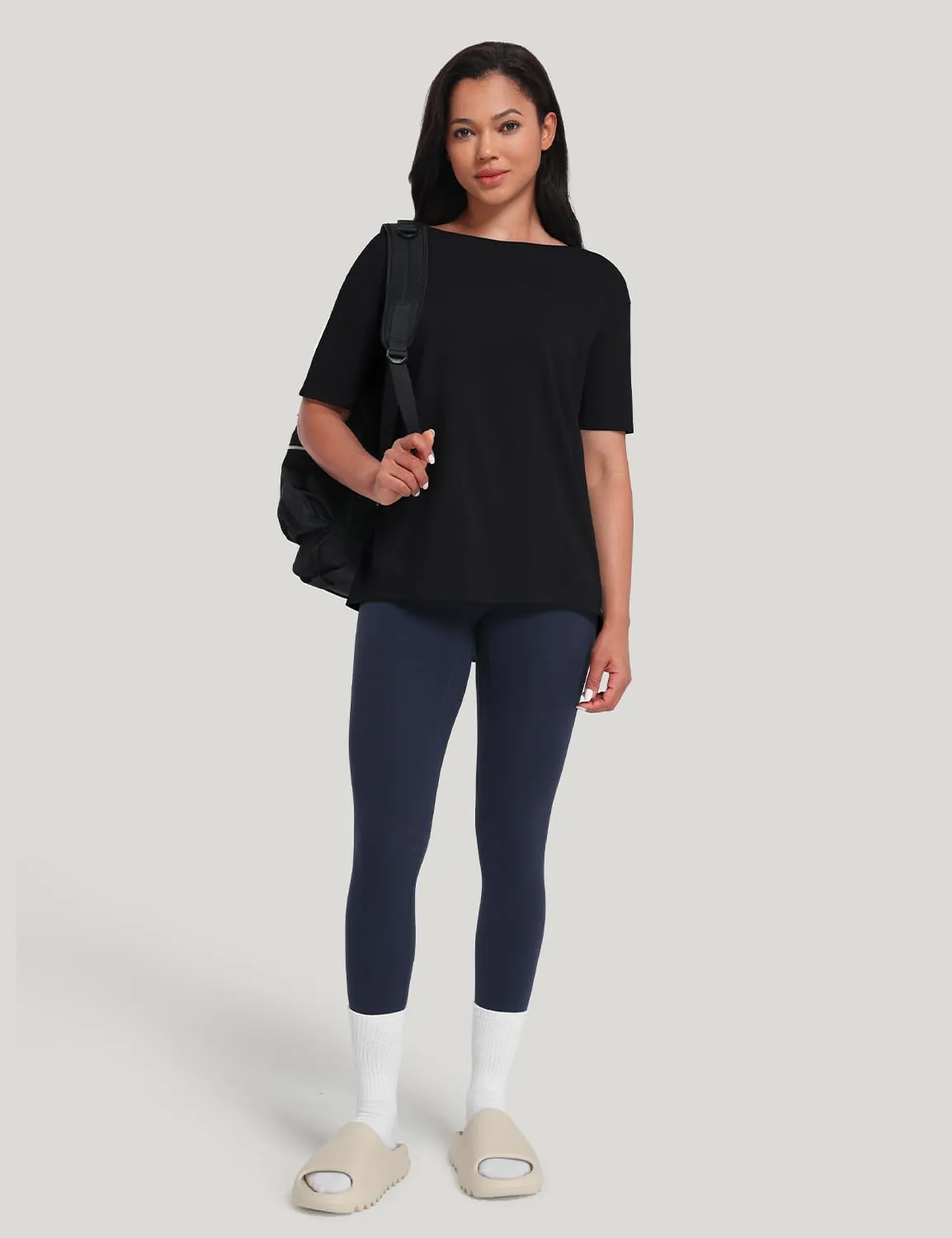 HeyNuts Women's Pima Cotton Short Sleeve Workou Shirt Boat Neck Loose Fit T-Shirts Athletic Tops Casual Shirts