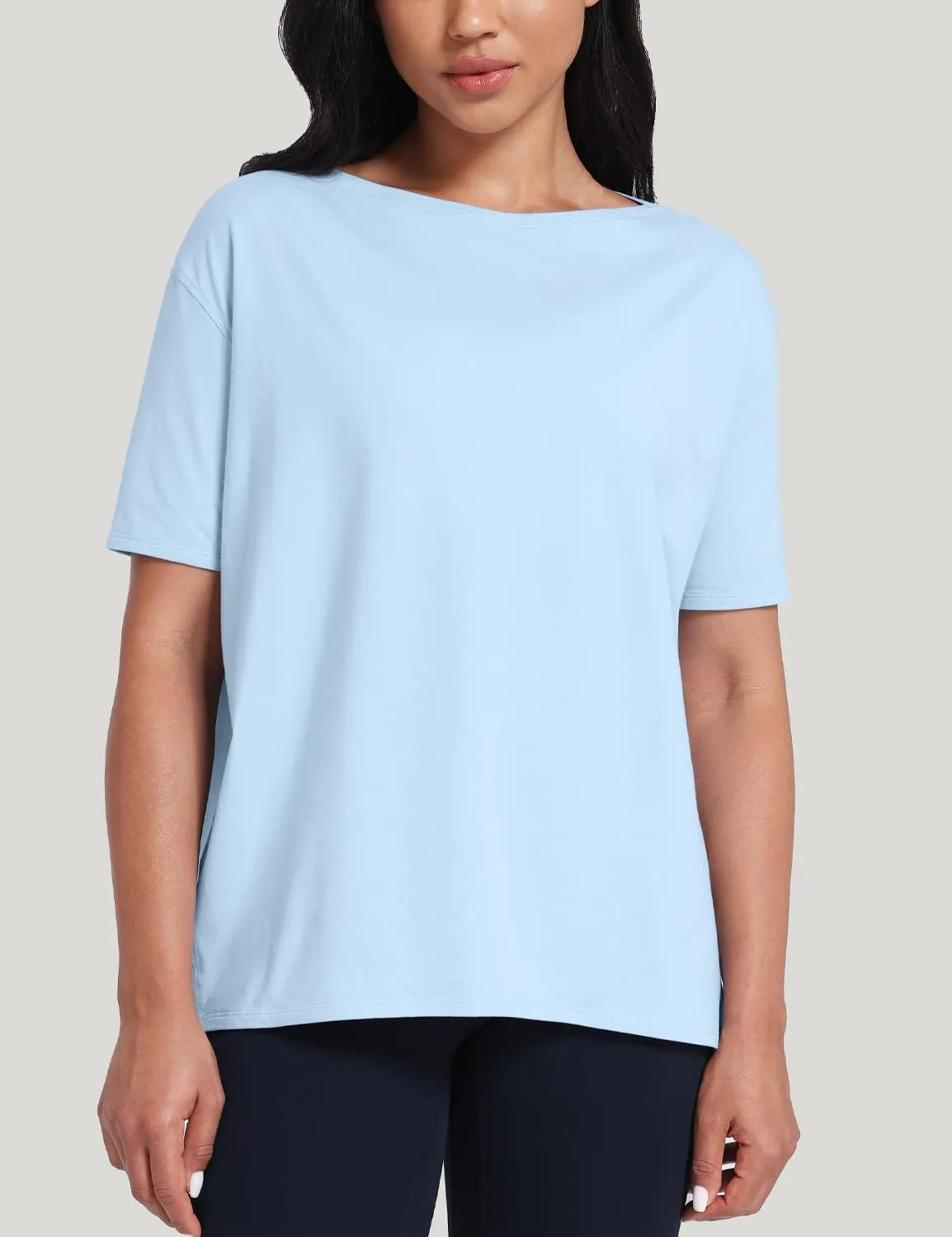 HeyNuts Women's Pima Cotton Short Sleeve Workou Shirt Boat Neck Loose Fit T-Shirts Athletic Tops Casual Shirts