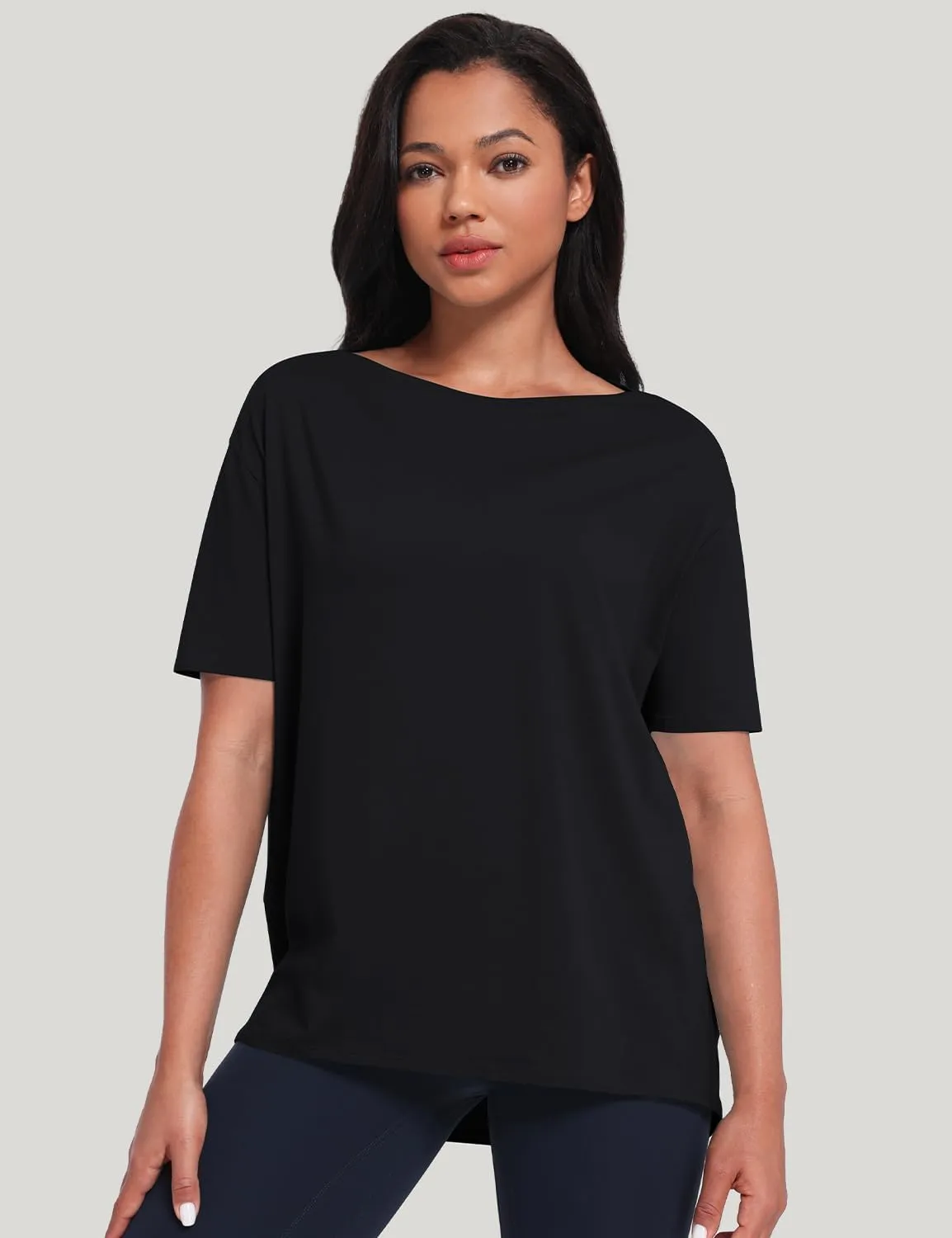 HeyNuts Women's Pima Cotton Short Sleeve Workou Shirt Boat Neck Loose Fit T-Shirts Athletic Tops Casual Shirts