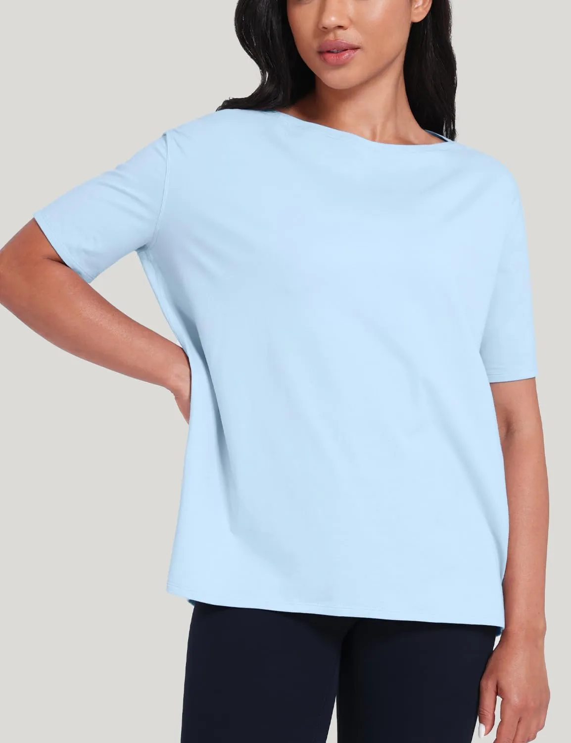 HeyNuts Women's Pima Cotton Short Sleeve Workou Shirt Boat Neck Loose Fit T-Shirts Athletic Tops Casual Shirts