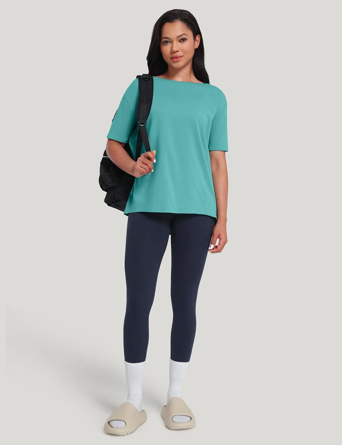 HeyNuts Women's Pima Cotton Short Sleeve Workou Shirt Boat Neck Loose Fit T-Shirts Athletic Tops Casual Shirts