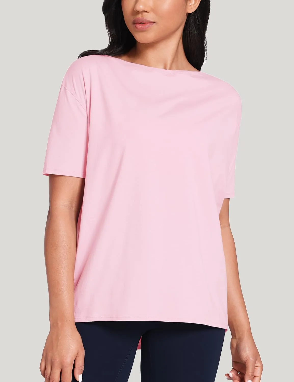 HeyNuts Women's Pima Cotton Short Sleeve Workou Shirt Boat Neck Loose Fit T-Shirts Athletic Tops Casual Shirts