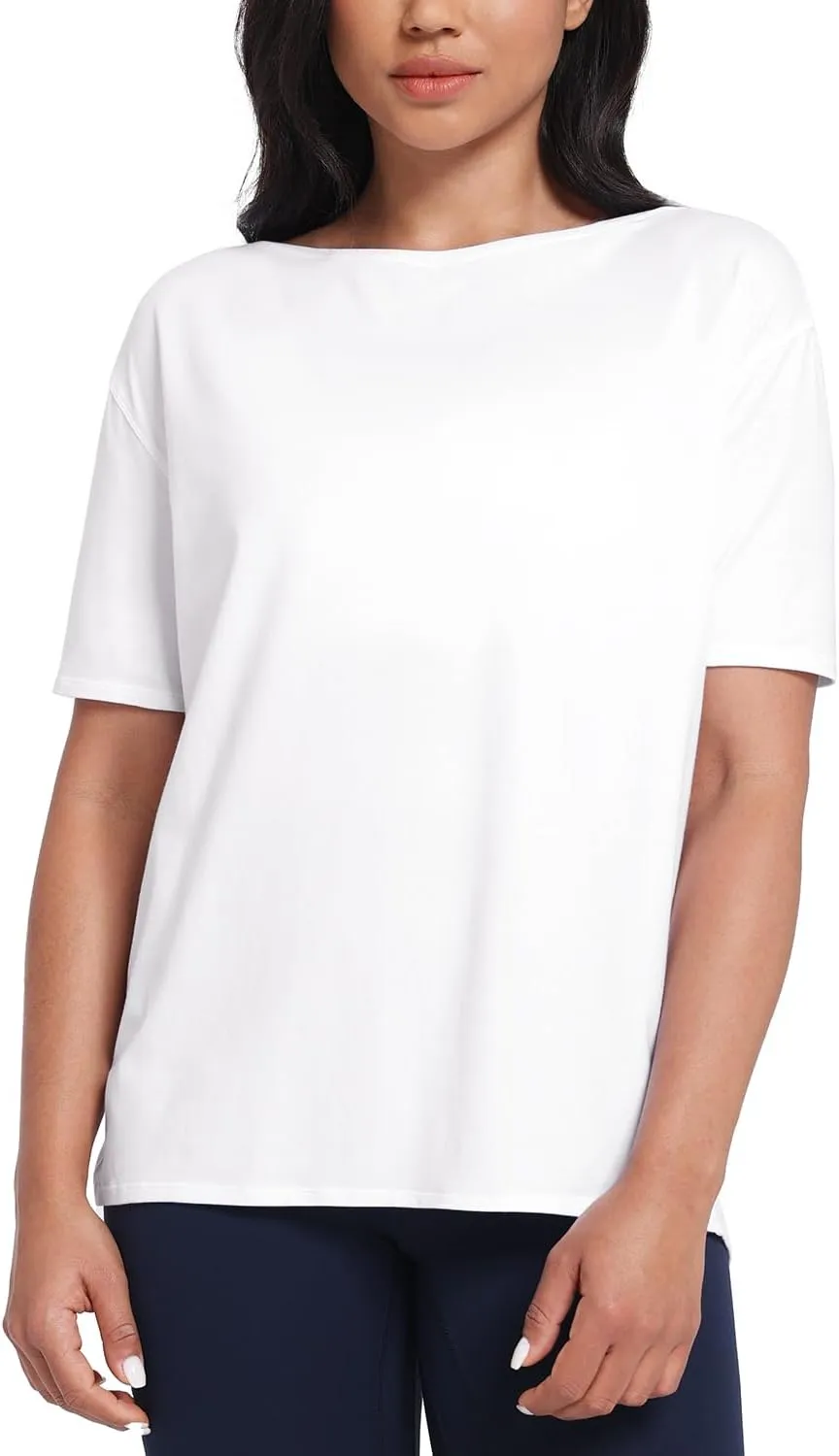 HeyNuts Women's Pima Cotton Short Sleeve Workou Shirt Boat Neck Loose Fit T-Shirts Athletic Tops Casual Shirts