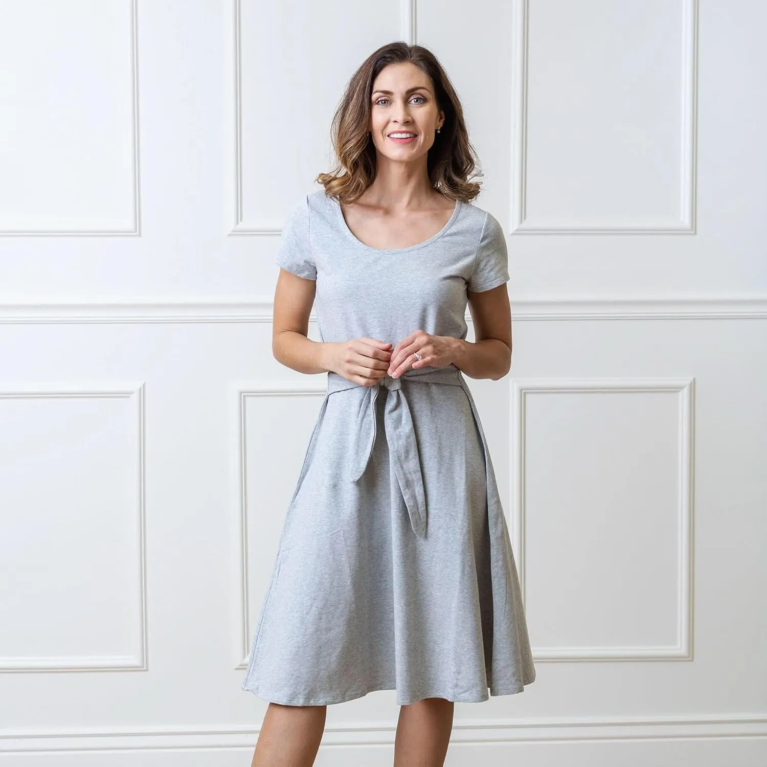 Hope & Henry Women's Short Sleeve Tie-Front Knit Dress