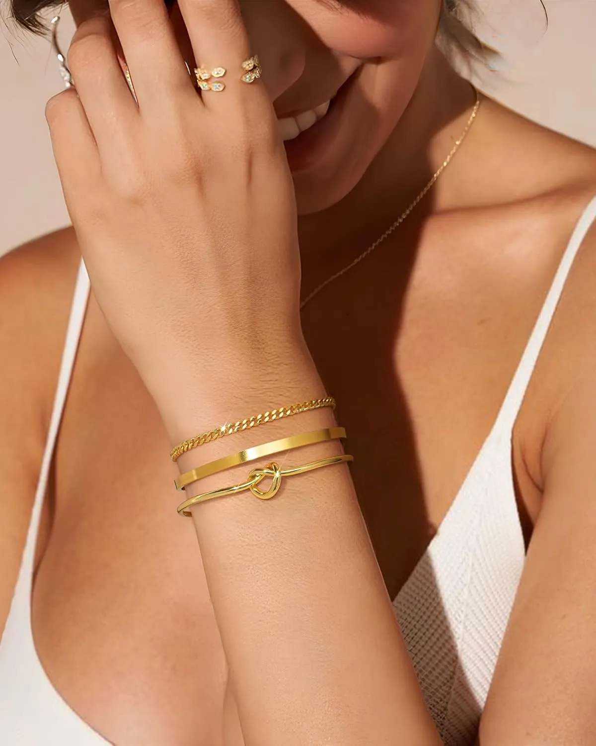Howoo Gold Bangle Bracelets for Women 18K Plated Gold Cuff Bracelet Cuban Figaro Link Chain Knot Beaded Jewelry Sets