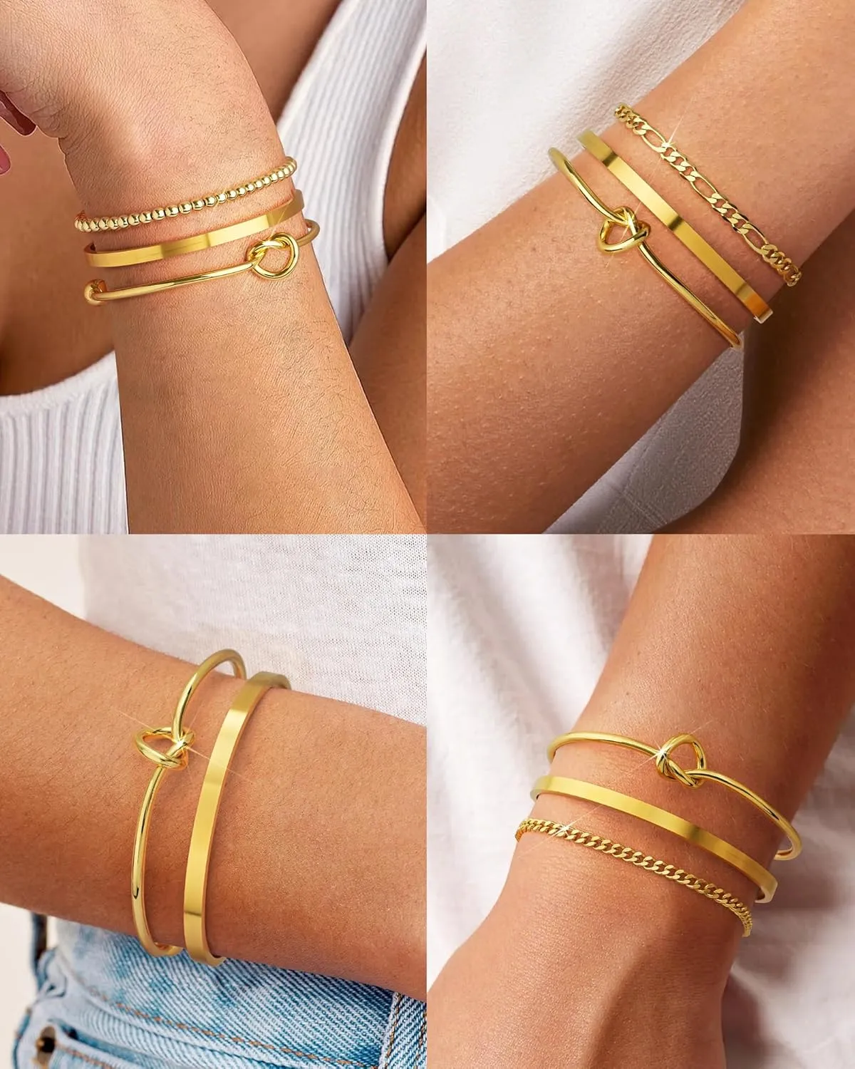 Howoo Gold Bangle Bracelets for Women 18K Plated Gold Cuff Bracelet Cuban Figaro Link Chain Knot Beaded Jewelry Sets