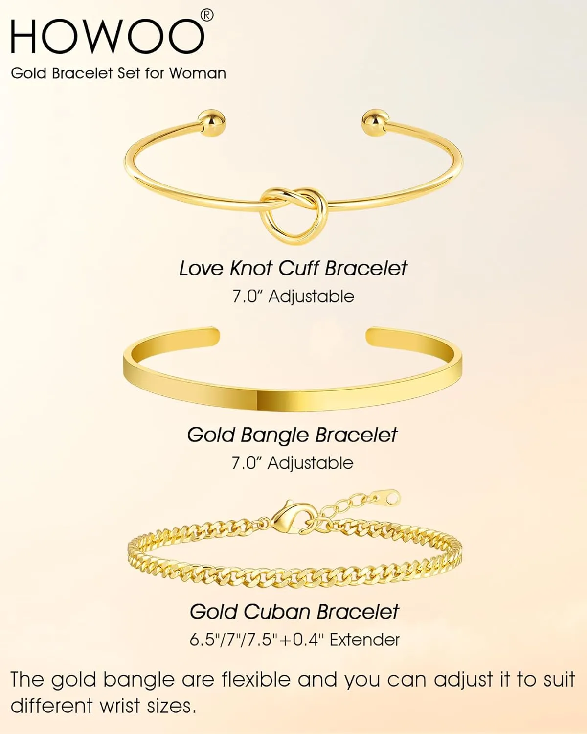 Howoo Gold Bangle Bracelets for Women 18K Plated Gold Cuff Bracelet Cuban Figaro Link Chain Knot Beaded Jewelry Sets
