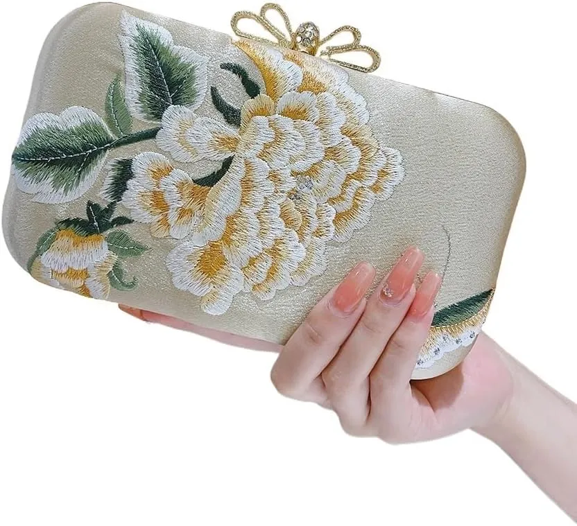 HUFFA Golden Peony Handbag Cheongsam Handbag Small Square Embroidery Bag Banquet Wedding Bag Clutch Purses for Women Evening