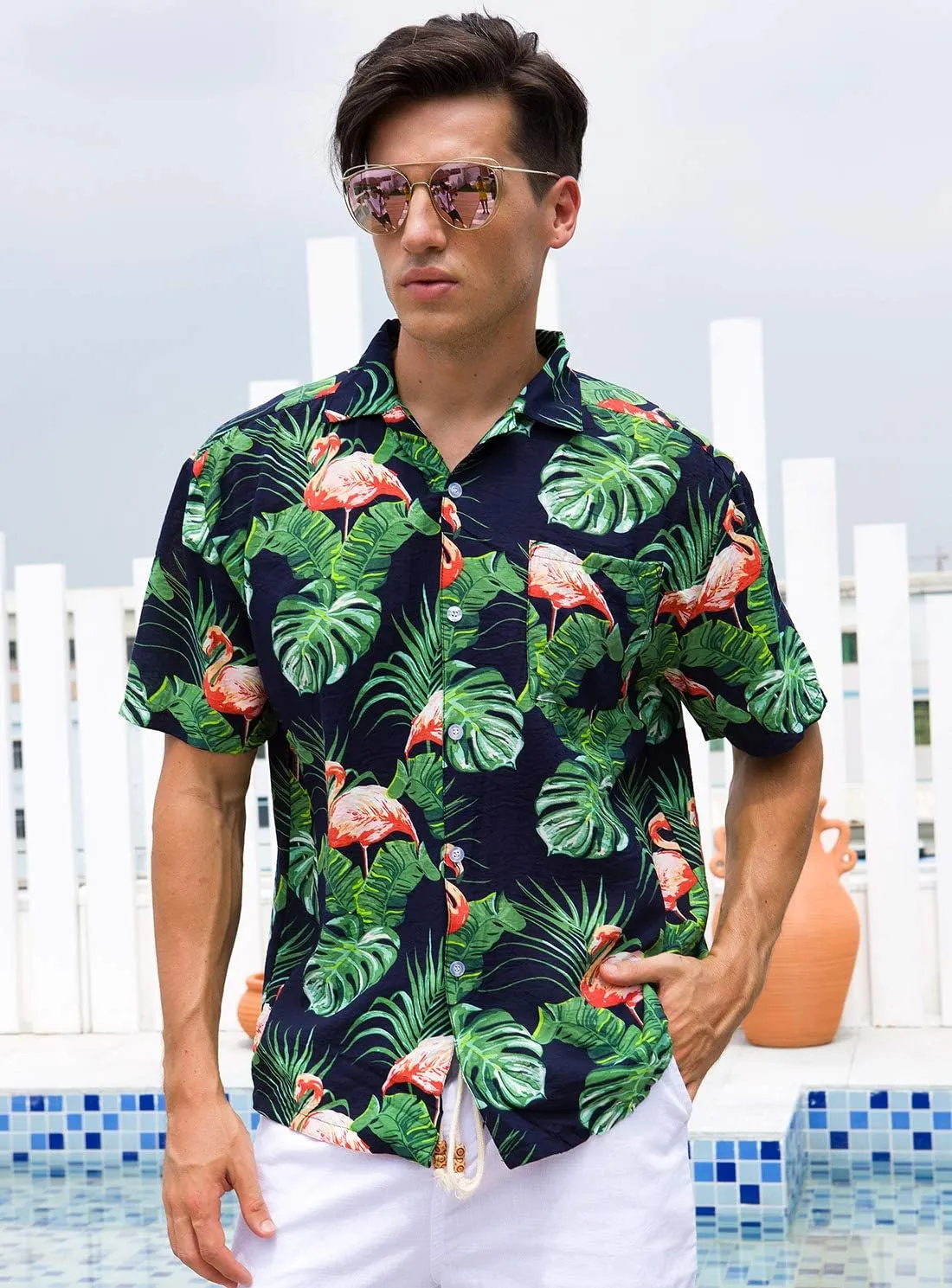 Janmid Mens Floral Hawaiian Shirts Short Sleeve Button Down Beach Shirts