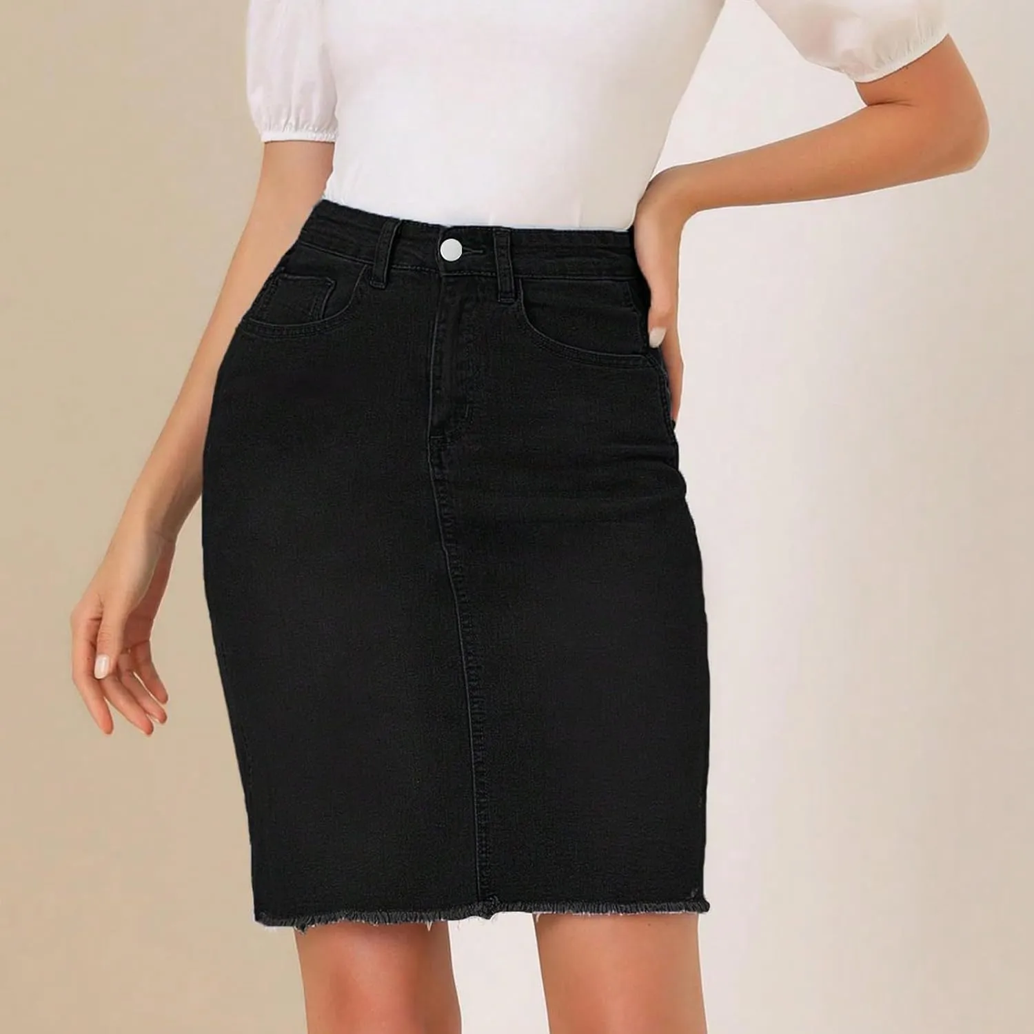 Jean Skirts for Women Denim Knee Length Stretch Skinny High Waisted Jean Skirt Slim Fit Office Pencil Skirt w/Pockets