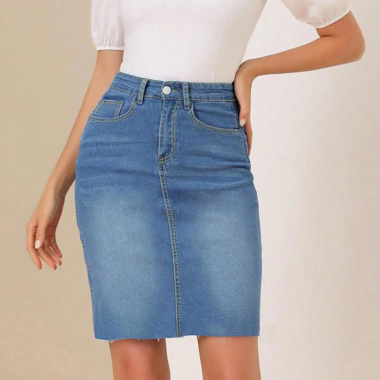 Jean Skirts for Women Denim Knee Length Stretch Skinny High Waisted Jean Skirt Slim Fit Office Pencil Skirt w/Pockets