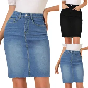 Jean Skirts for Women Denim Knee Length Stretch Skinny High Waisted Jean Skirt Slim Fit Office Pencil Skirt w/Pockets