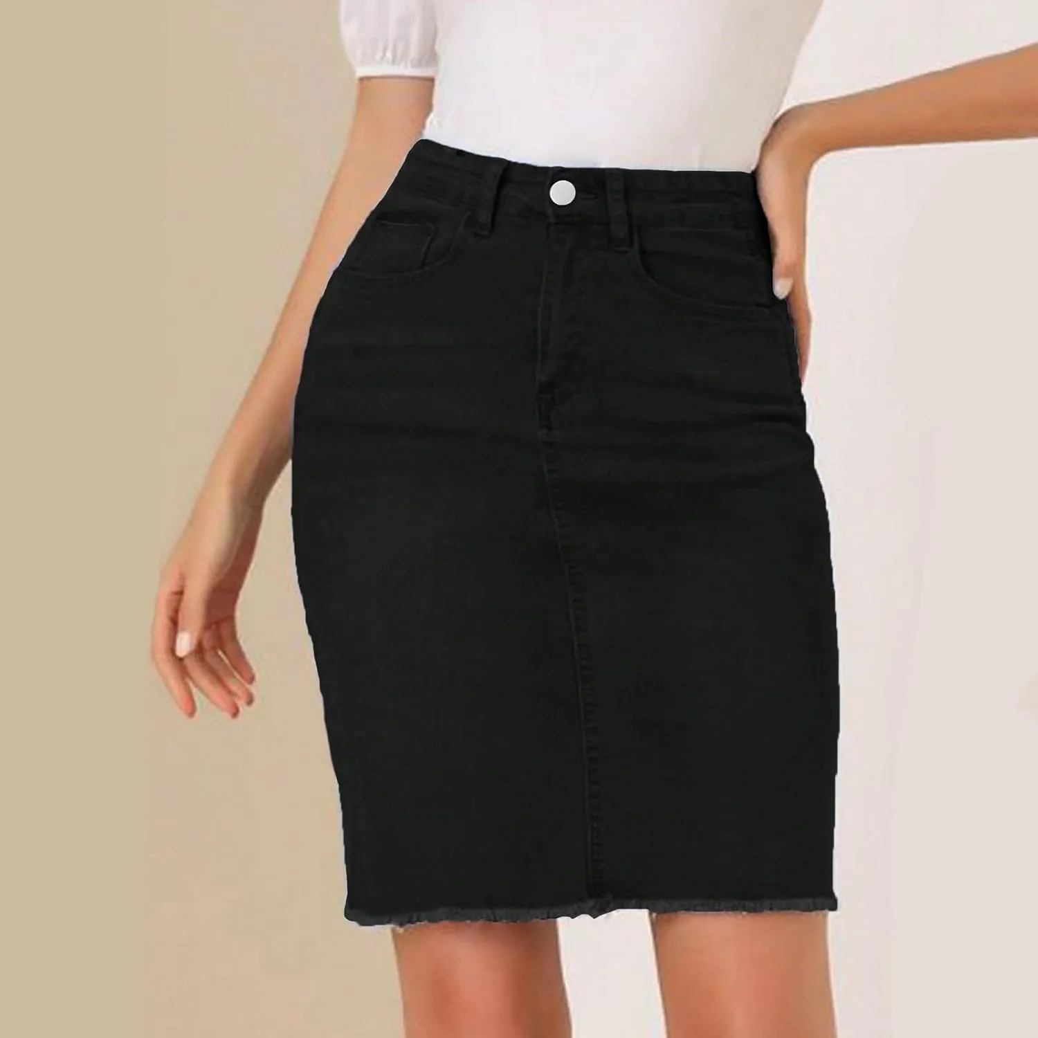 Jean Skirts for Women Denim Knee Length Stretch Skinny High Waisted Jean Skirt Slim Fit Office Pencil Skirt w/Pockets