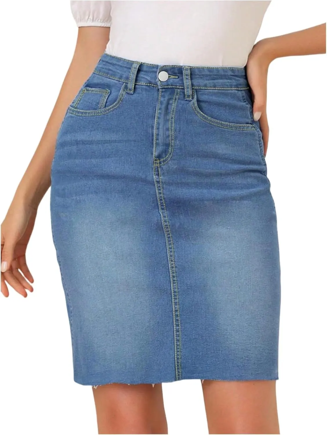 Jean Skirts for Women Denim Knee Length Stretch Skinny High Waisted Jean Skirt Slim Fit Office Pencil Skirt w/Pockets
