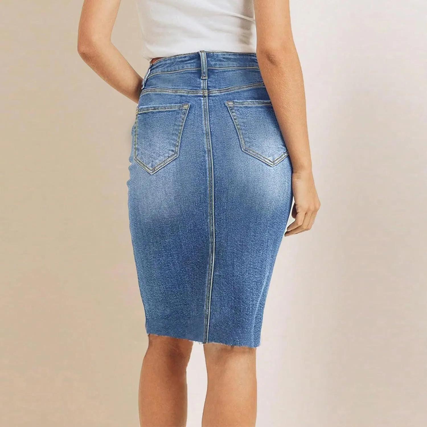 Jean Skirts for Women Denim Knee Length Stretch Skinny High Waisted Jean Skirt Slim Fit Office Pencil Skirt w/Pockets