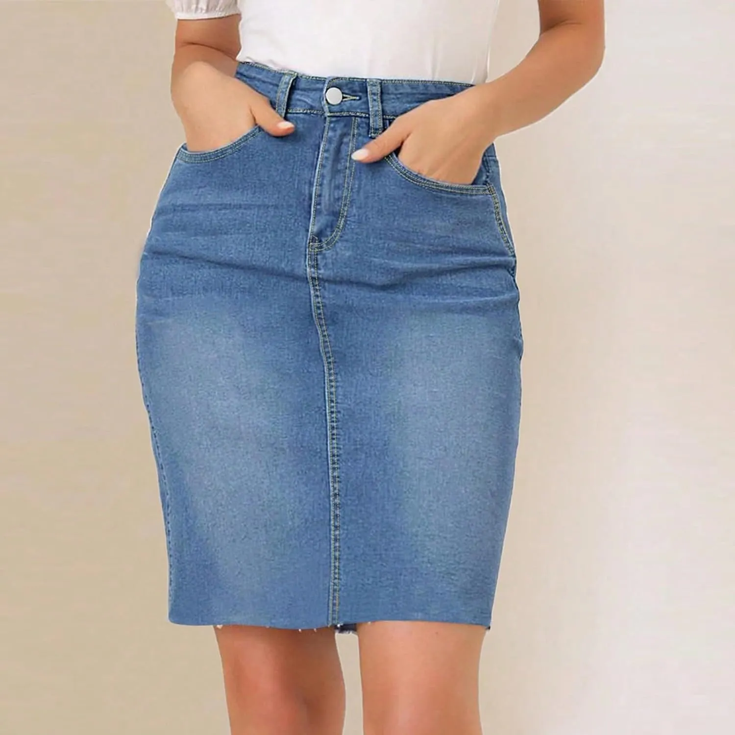 Jean Skirts for Women Denim Knee Length Stretch Skinny High Waisted Jean Skirt Slim Fit Office Pencil Skirt w/Pockets
