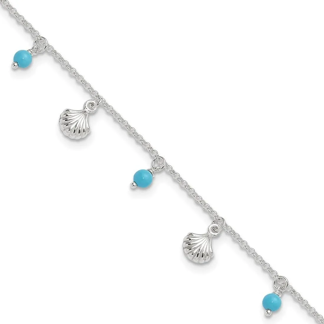 JewelryWeb 925 Sterling Silver Spring-Ring Polished Shell and Simulated Turquoise With 1inch Ext. Anklet-Anklet for Women
