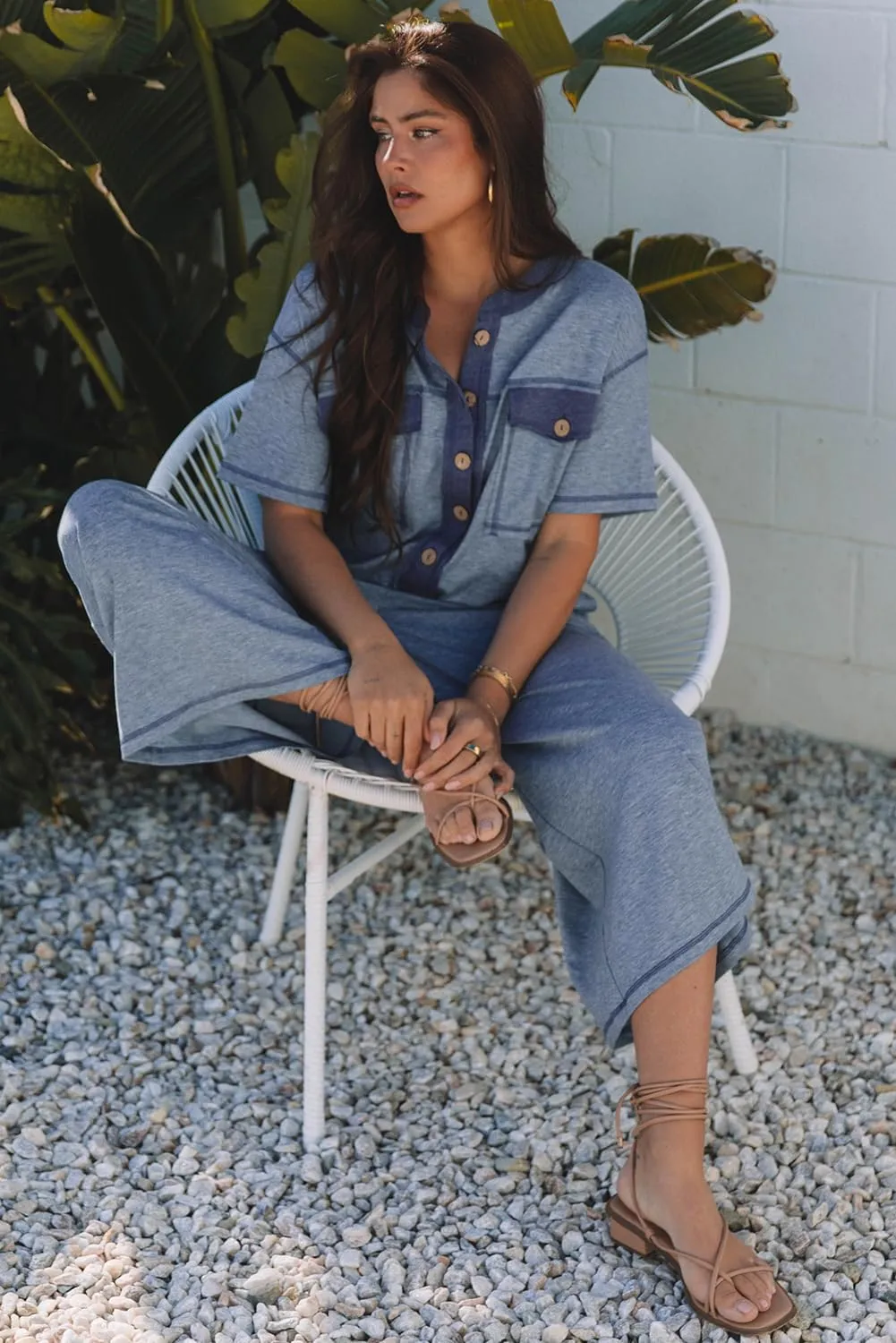 Jumpsuits for Women Button Up Contrast Patchwork Pocketed Casual Short Sleeve Wide Leg Rompers