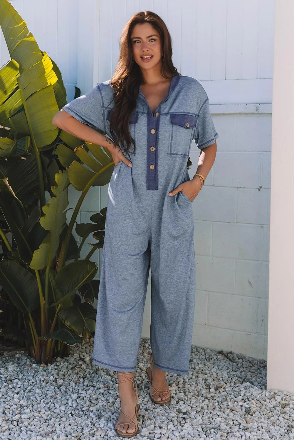 Jumpsuits for Women Button Up Contrast Patchwork Pocketed Casual Short Sleeve Wide Leg Rompers
