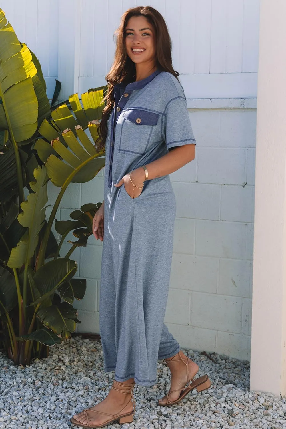 Jumpsuits for Women Button Up Contrast Patchwork Pocketed Casual Short Sleeve Wide Leg Rompers