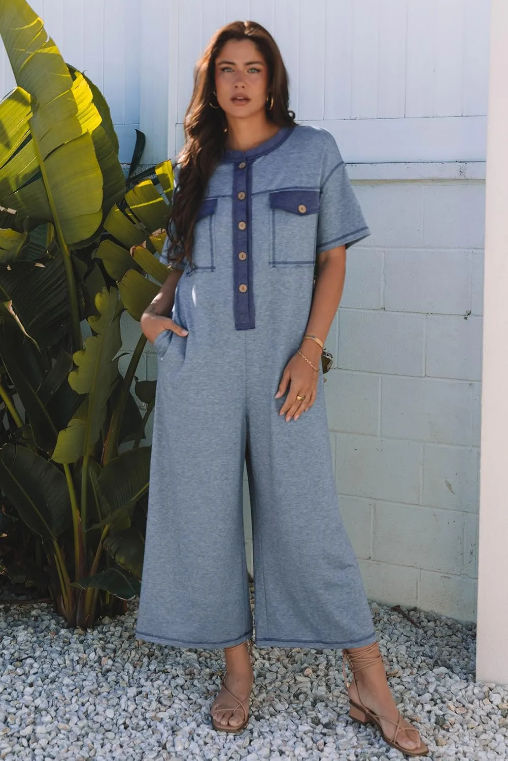 Jumpsuits for Women Button Up Contrast Patchwork Pocketed Casual Short Sleeve Wide Leg Rompers