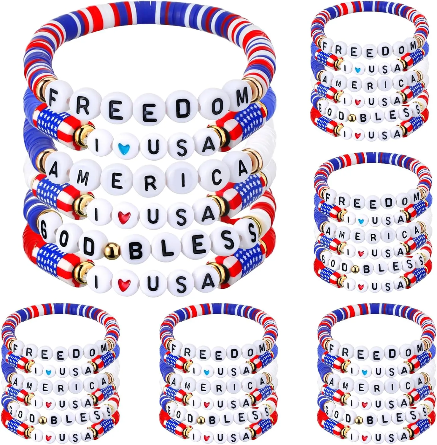 Kenning 36 Pcs 4th of July Bracelets Bulk Red White and Blue Patriotic Bracelets God Bless America Stackable Beaded Accessories USA Star Wristbands Jewelry for Independence Day Party Favors Gifts