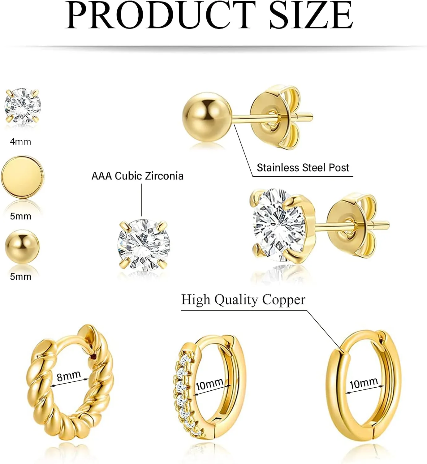 KesaPlan Huggie Hoop and Stud Earrings Set 14K Gold Plated 925 Sterling Silver Post Cartilage Piercing Earrings Gold Stud Earrings Set Women/Men