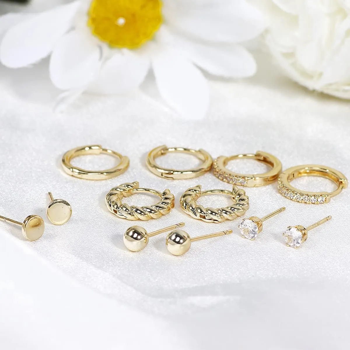 KesaPlan Huggie Hoop and Stud Earrings Set 14K Gold Plated 925 Sterling Silver Post Cartilage Piercing Earrings Gold Stud Earrings Set Women/Men