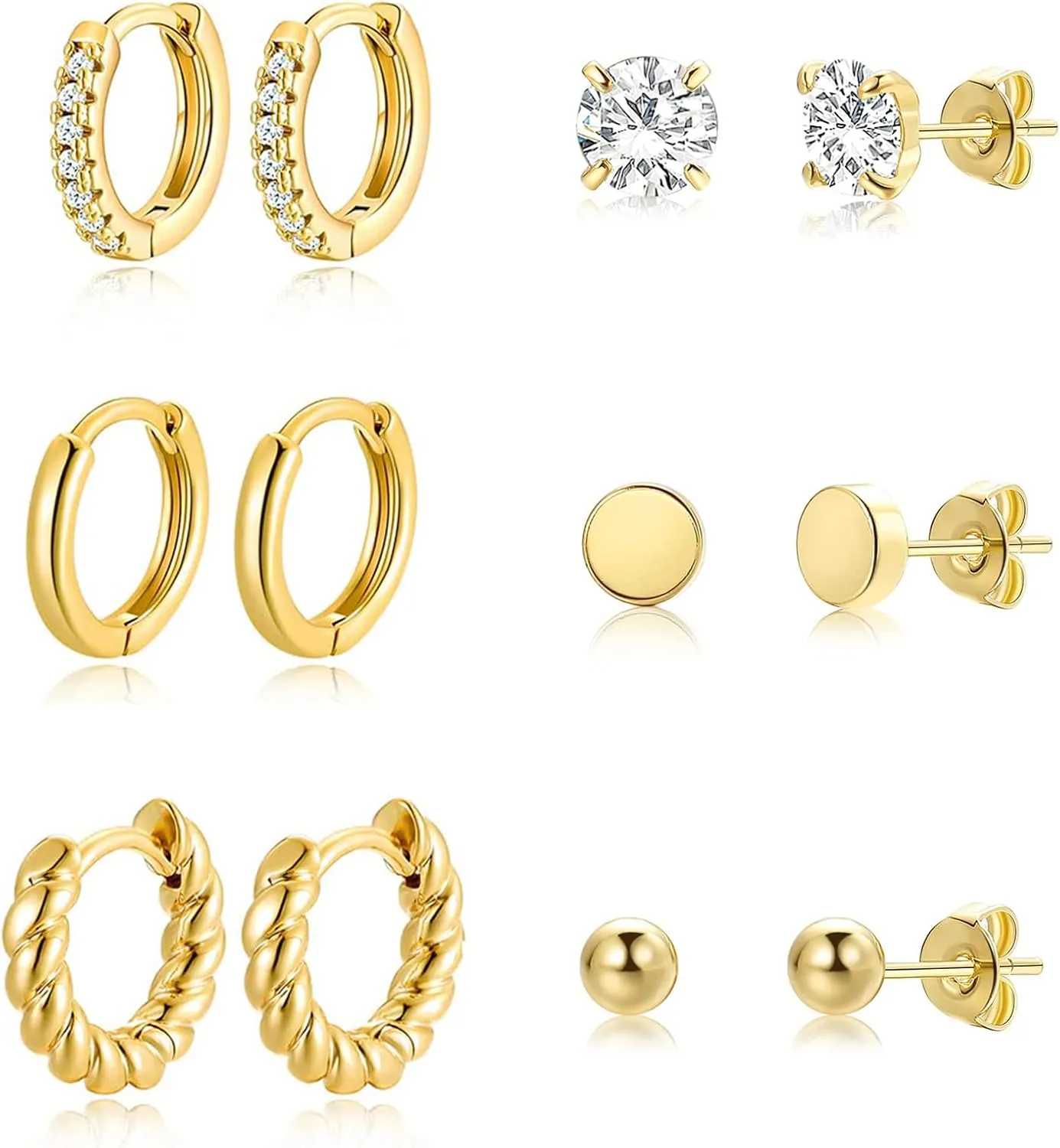 KesaPlan Huggie Hoop and Stud Earrings Set 14K Gold Plated 925 Sterling Silver Post Cartilage Piercing Earrings Gold Stud Earrings Set Women/Men