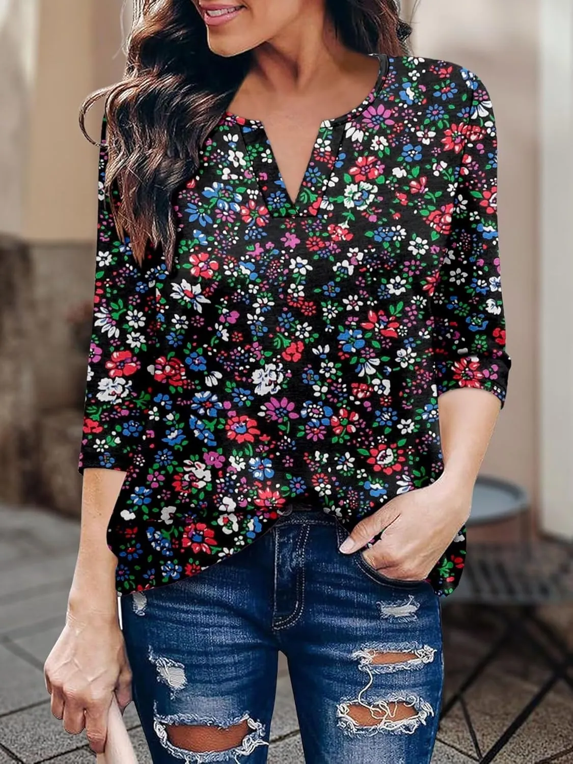 KISSMODA 3/4 Length Sleeve Shirts for Women Floral Business Shirts Tops Blouses Tops Loose Fit T-Shirts
