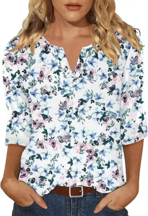 KISSMODA 3/4 Length Sleeve Shirts for Women Floral Business Shirts Tops Blouses Tops Loose Fit T-Shirts