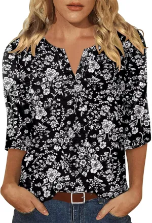 KISSMODA 3/4 Length Sleeve Shirts for Women Floral Business Shirts Tops Blouses Tops Loose Fit T-Shirts