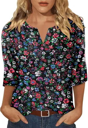 KISSMODA 3/4 Length Sleeve Shirts for Women Floral Business Shirts Tops Blouses Tops Loose Fit T-Shirts