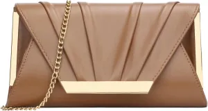 KKXIU Charming Pleated Satin Clutch Evening Purse and Handbag for Women Leather Crossbody Wedding Party Bridal Bag (Brown)