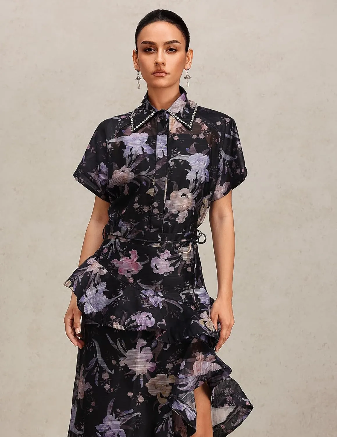 Lapel Short Sleeve Printed Floral Two Piece Skirt Set for Women Maxi Skirt and Top Set for Date Night