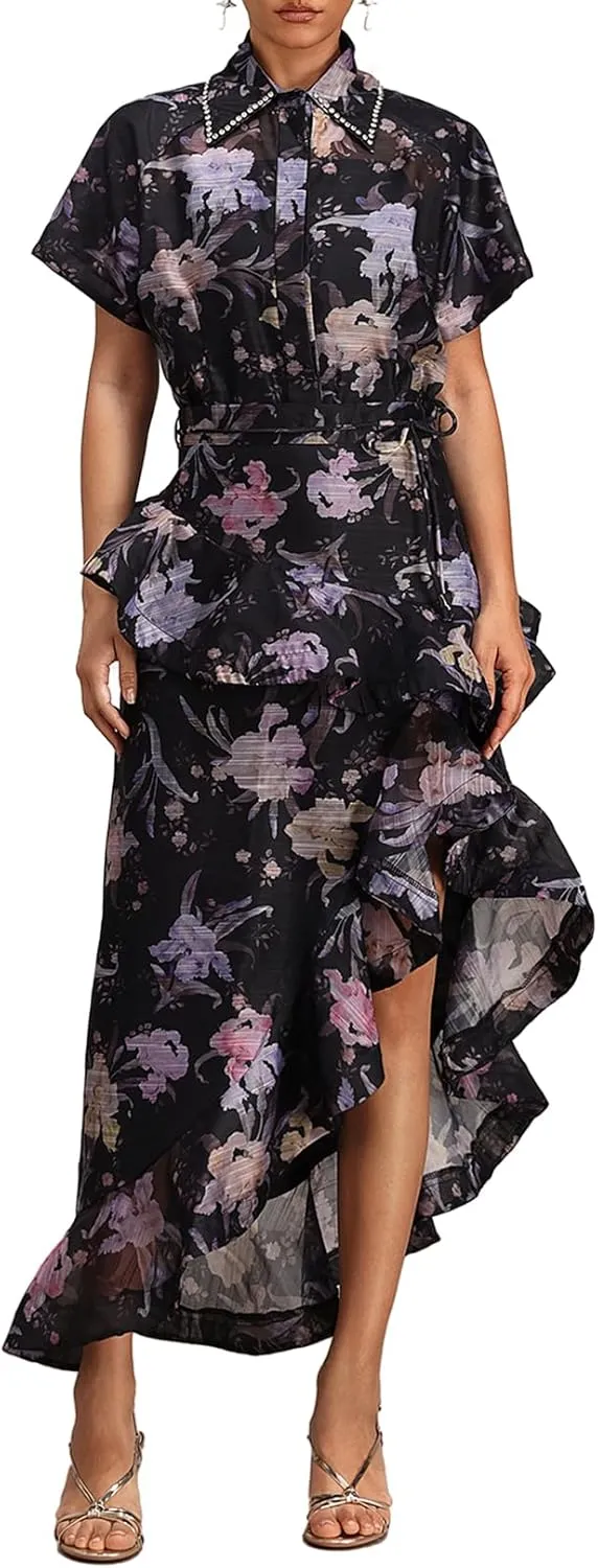 Lapel Short Sleeve Printed Floral Two Piece Skirt Set for Women Maxi Skirt and Top Set for Date Night