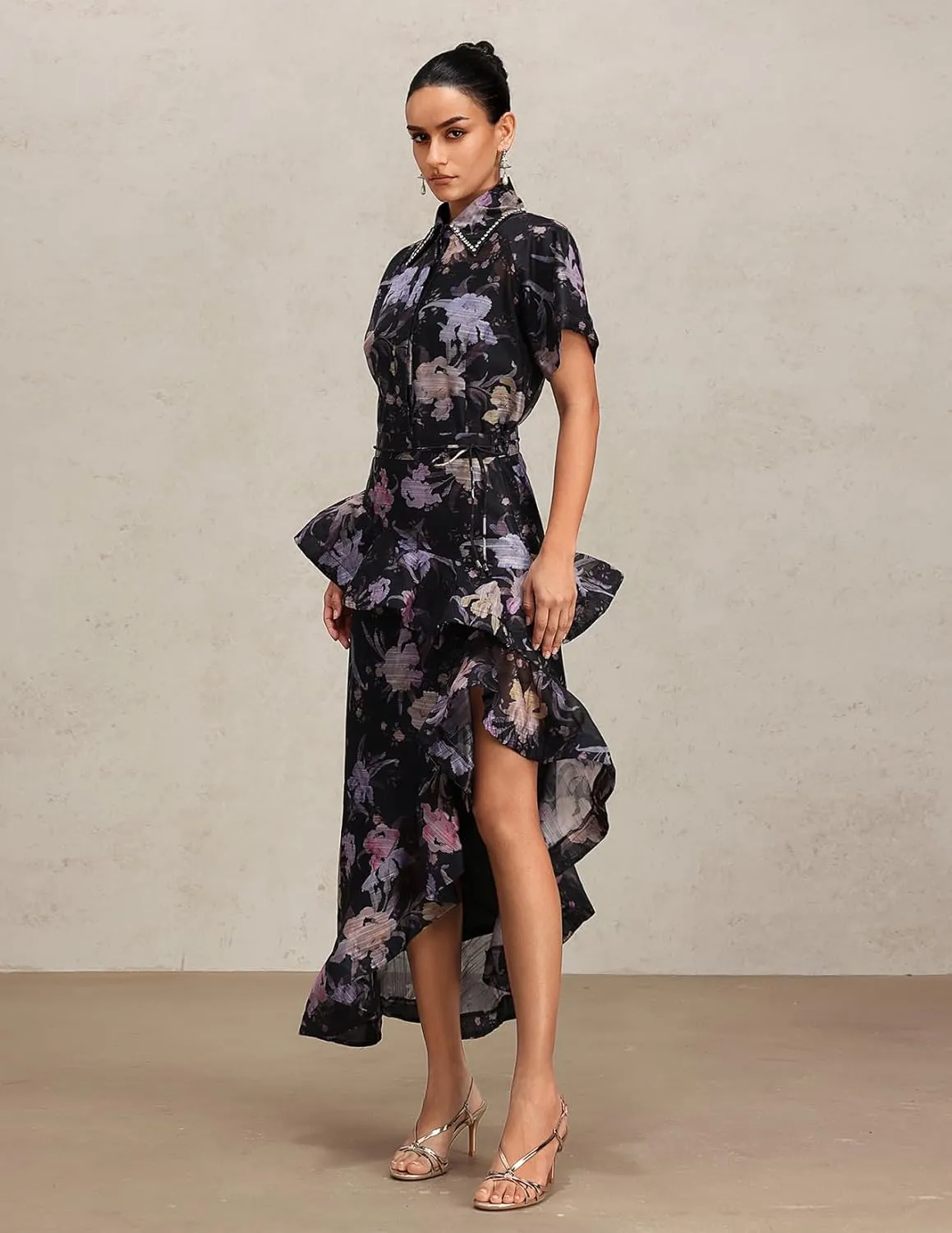 Lapel Short Sleeve Printed Floral Two Piece Skirt Set for Women Maxi Skirt and Top Set for Date Night