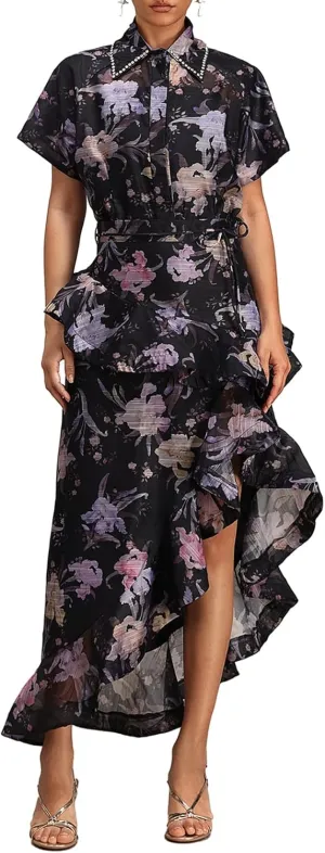 Lapel Short Sleeve Printed Floral Two Piece Skirt Set for Women Maxi Skirt and Top Set for Date Night