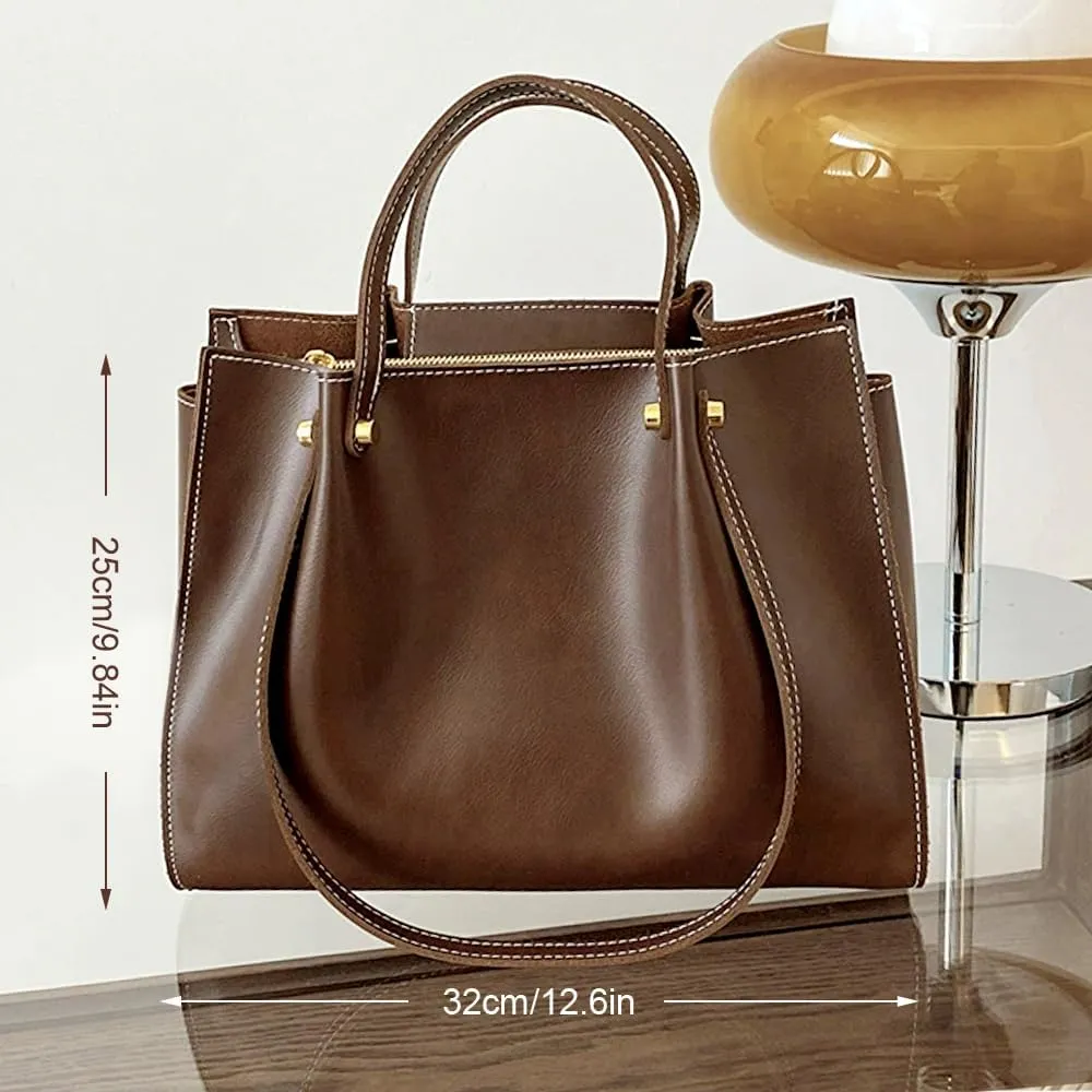 Large Capacity Tote Bag for Women, Genuine Leather Satchel Handbag, Slouchy Work Shoulder Bag with Zipper