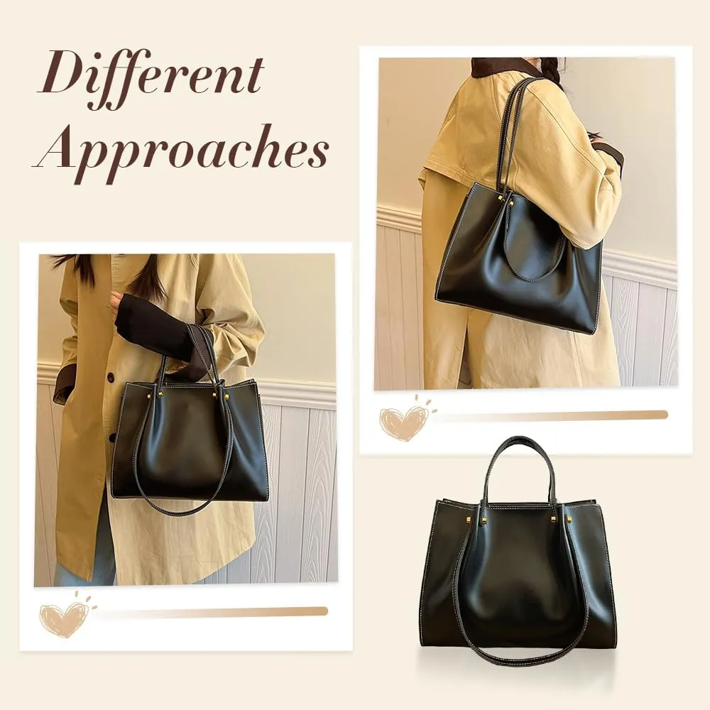 Large Capacity Tote Bag for Women, Genuine Leather Satchel Handbag, Slouchy Work Shoulder Bag with Zipper