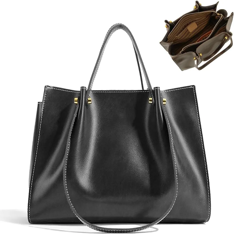 Large Capacity Tote Bag for Women, Genuine Leather Satchel Handbag, Slouchy Work Shoulder Bag with Zipper