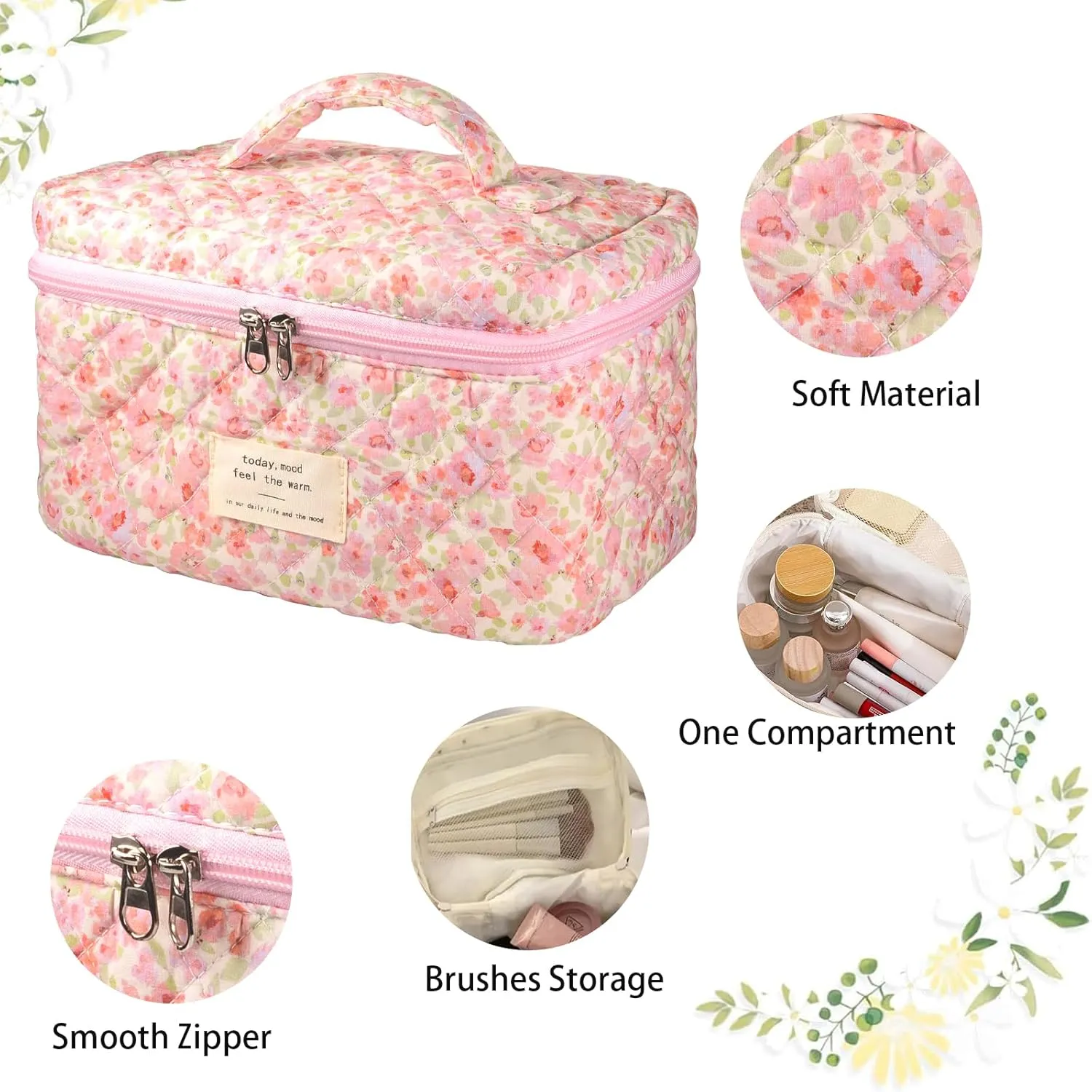 Large Makeup Bag, Quilted Cosmetic Bag, Floral Coquette Aesthetic Toiletry Bag, Flower Travel Make Up Organizer Bag for Women Girls