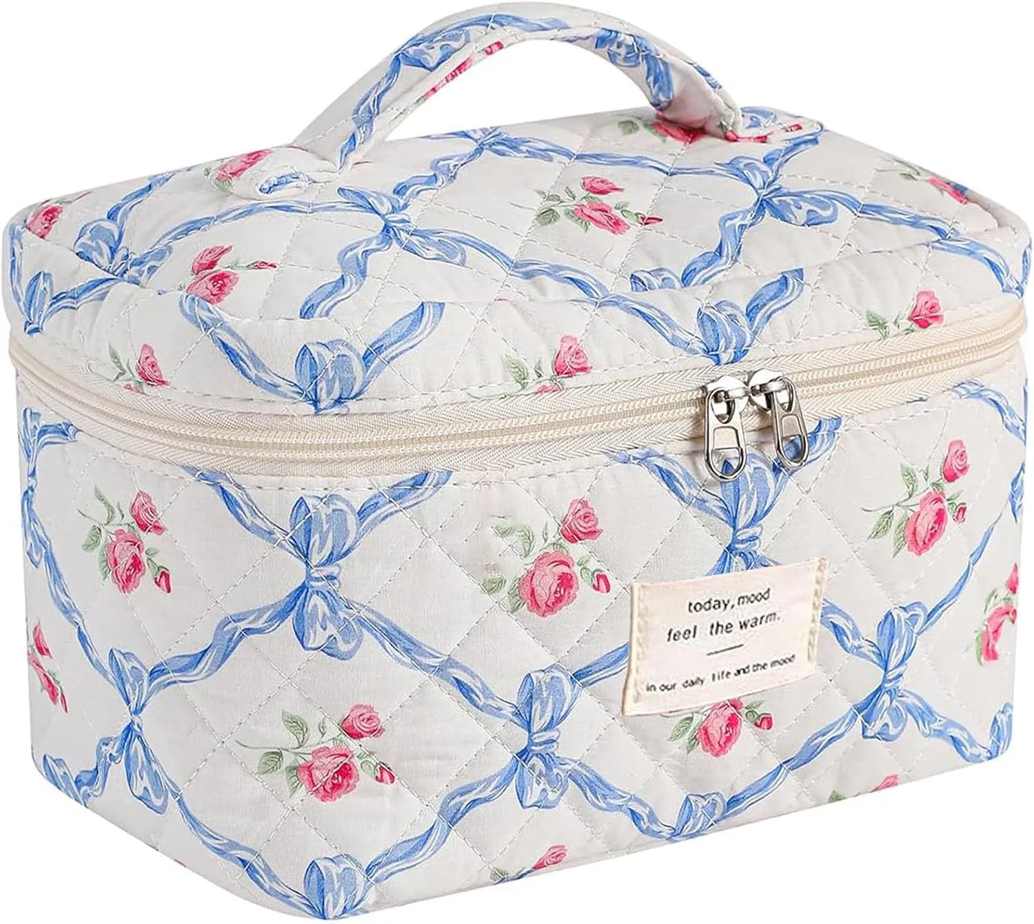 Large Makeup Bag, Quilted Cosmetic Bag,Floral Coquette Aesthetic Blue Bow Toiletry Bag, Travel Make Up Organizer Bag for Women Girls