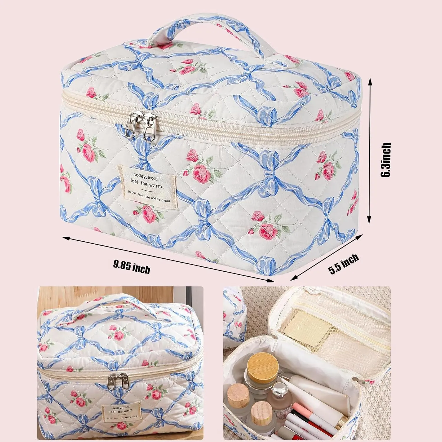 Large Makeup Bag, Quilted Cosmetic Bag,Floral Coquette Aesthetic Blue Bow Toiletry Bag, Travel Make Up Organizer Bag for Women Girls