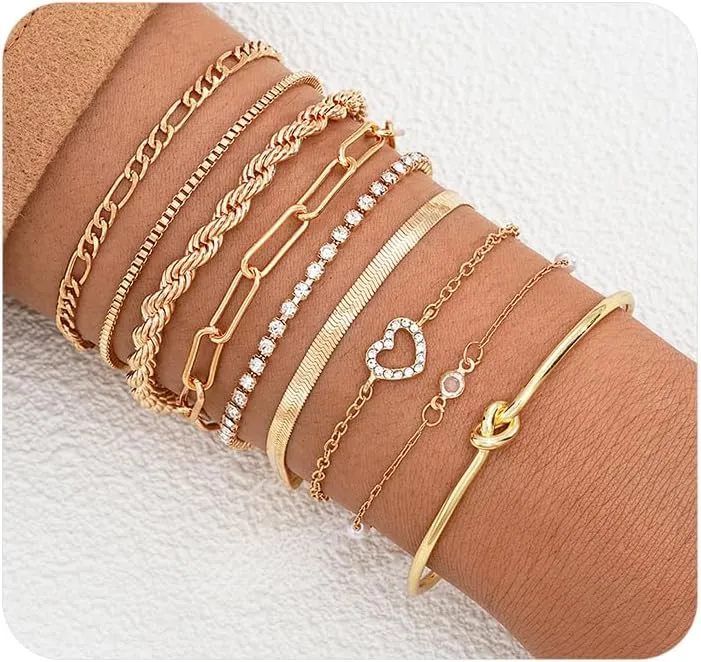 Layered Gold Crystal Heart Bracelets Set for Women Stackable Snake Bone Chain Bangles Adjustable Figaro Chain Bracelets Wedding Jewelry Gifts