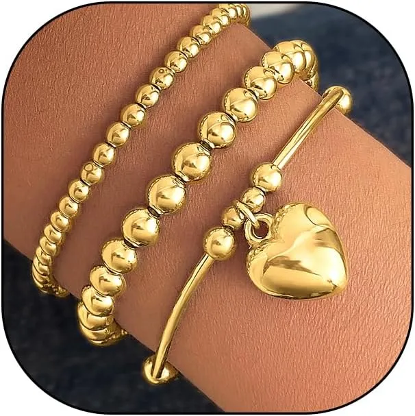Layered Gold Heart Beaded Bracelets Set for Women Stackable Stretch Beads Bangles Adjustable Round Balls Bracelets Jewelry Accessories